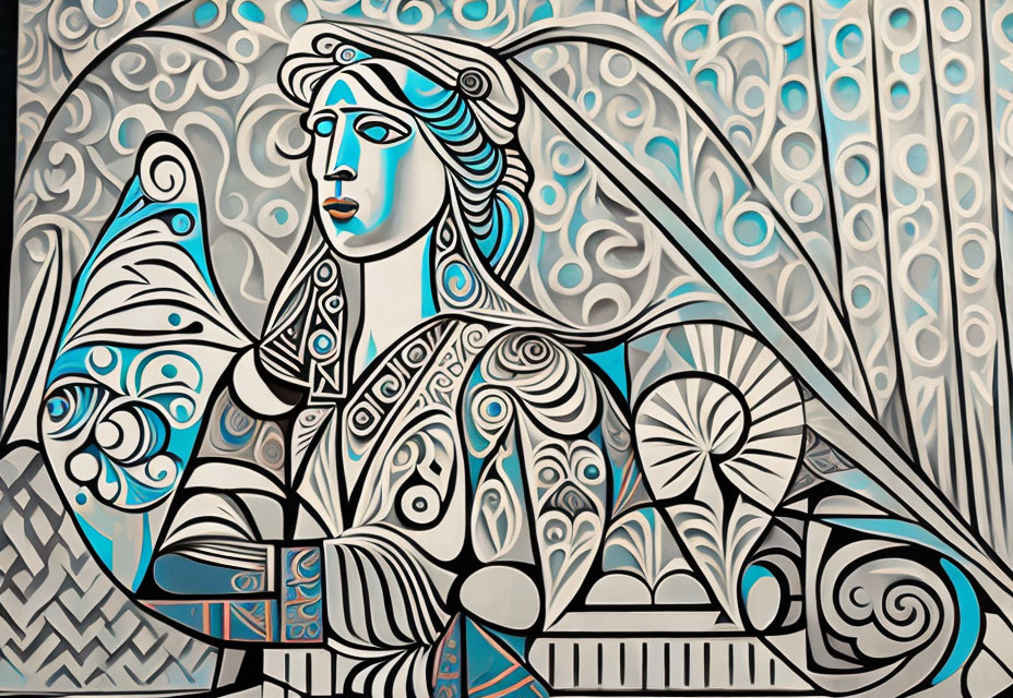 Artistic illustration of woman with ornate patterns in cool colors