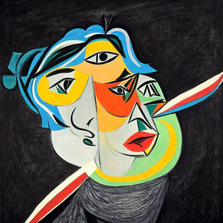 Colorful Cubist Portrait with Multiple Features on Dark Background