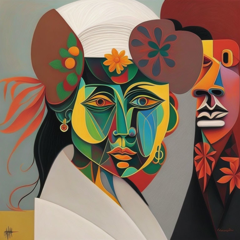 Cubist-style painting: Two faces, geometric shapes, warm colors, floral elements