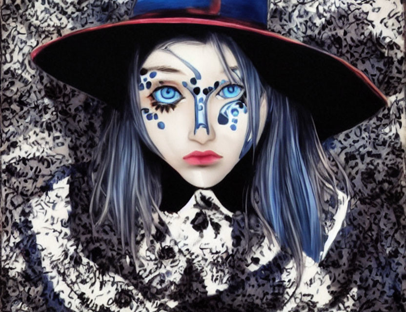 Blue and white face paint, wide eyes, blue lips, wide-brimmed hat, black and