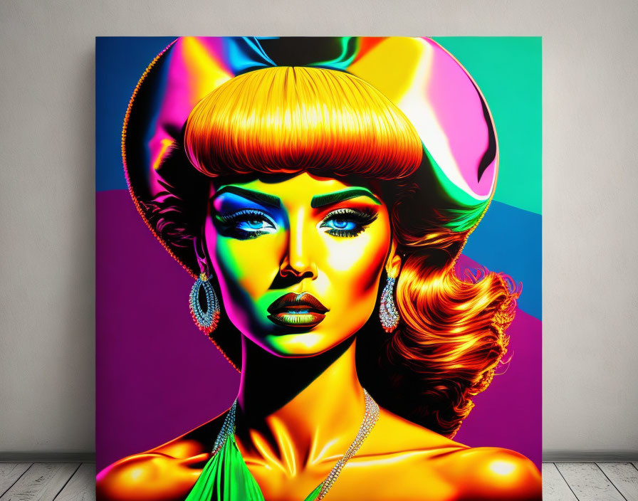 Colorful pop art portrait of a woman with vibrant hair, makeup, and jewelry against geometric backdrop in