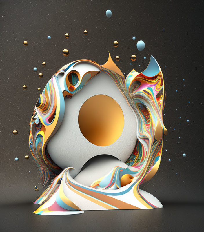 Colorful Swirling 3D Art: Abstract Patterns and Spheres on Dark Background