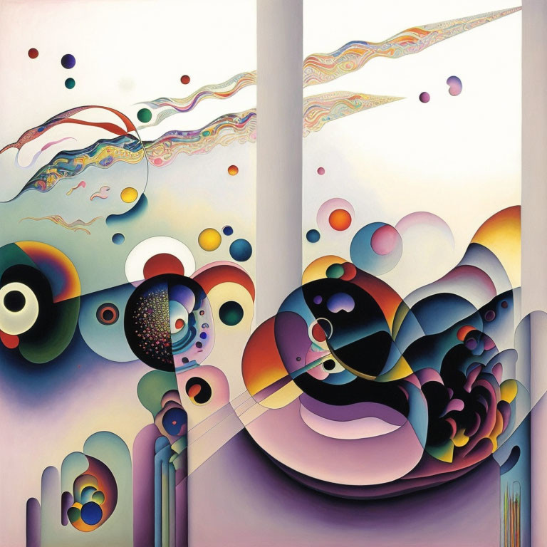 Colorful abstract painting with swirling shapes and bubbles in pastel and bold colors.