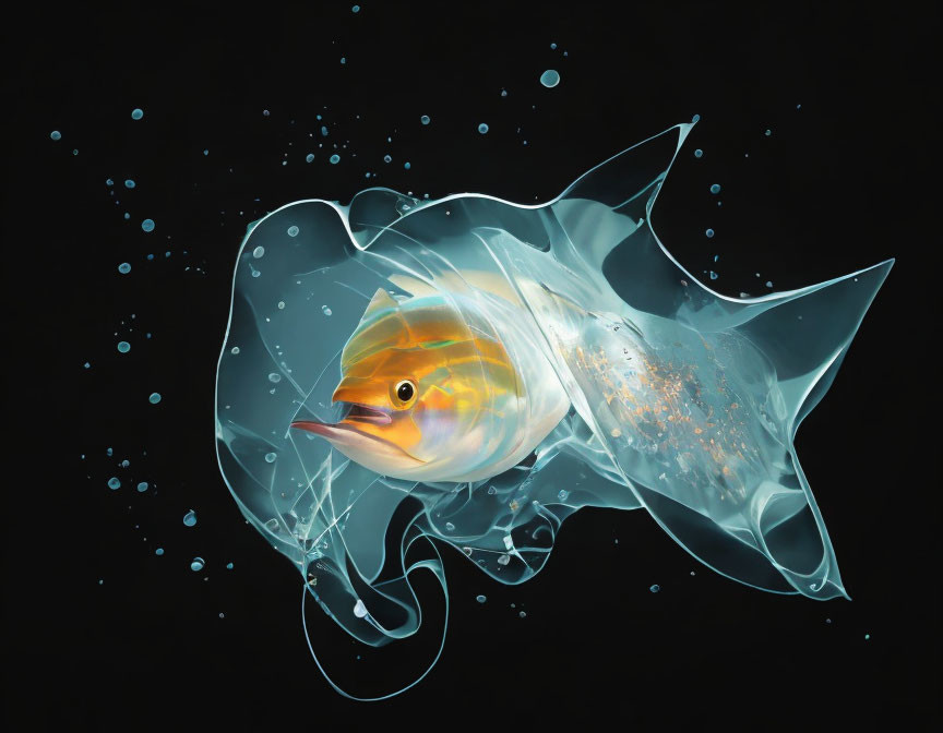 Translucent glowing fish in bubble against dark background