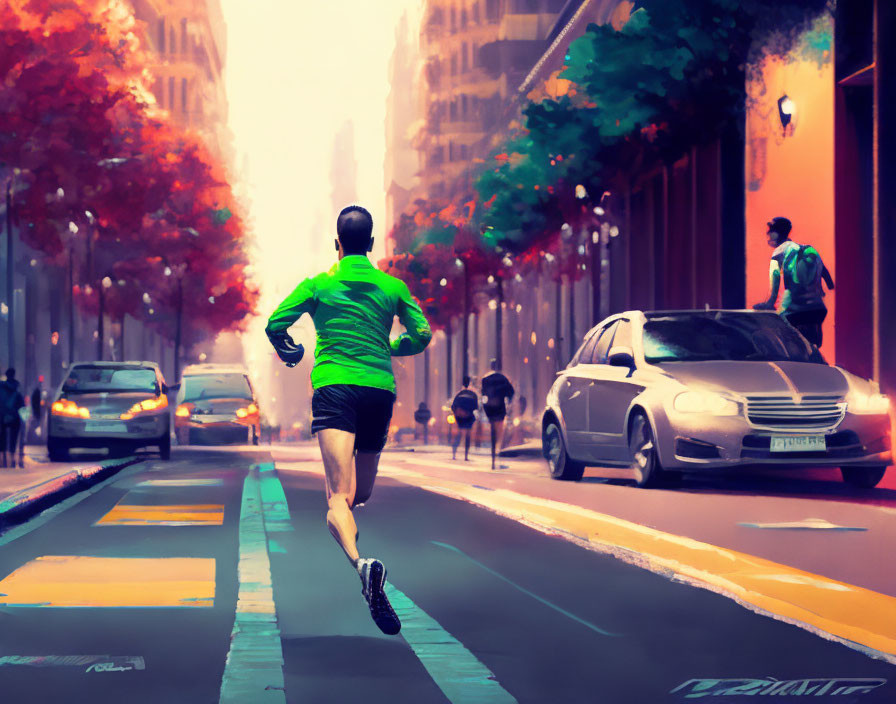 Person jogging in green shirt on tree-lined city street with cars and autumn leaves