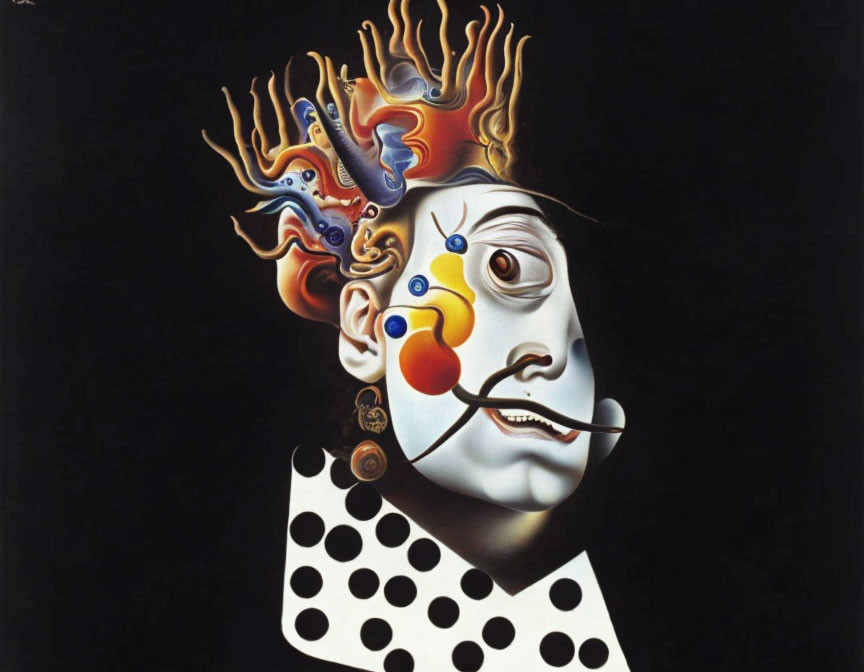 Colorful surreal portrait of a clown-like figure with abstract shapes and polka-dotted costume on black