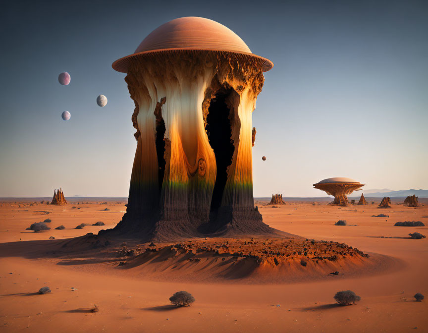 Surreal desert landscape with colossal mushroom structure