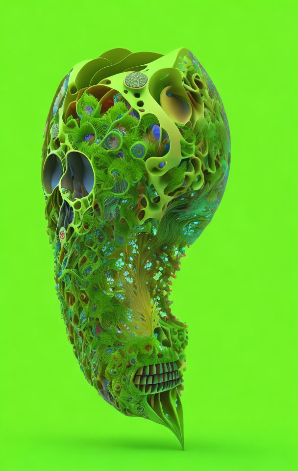 Colorful 3D skull illustration with organic patterns on green background