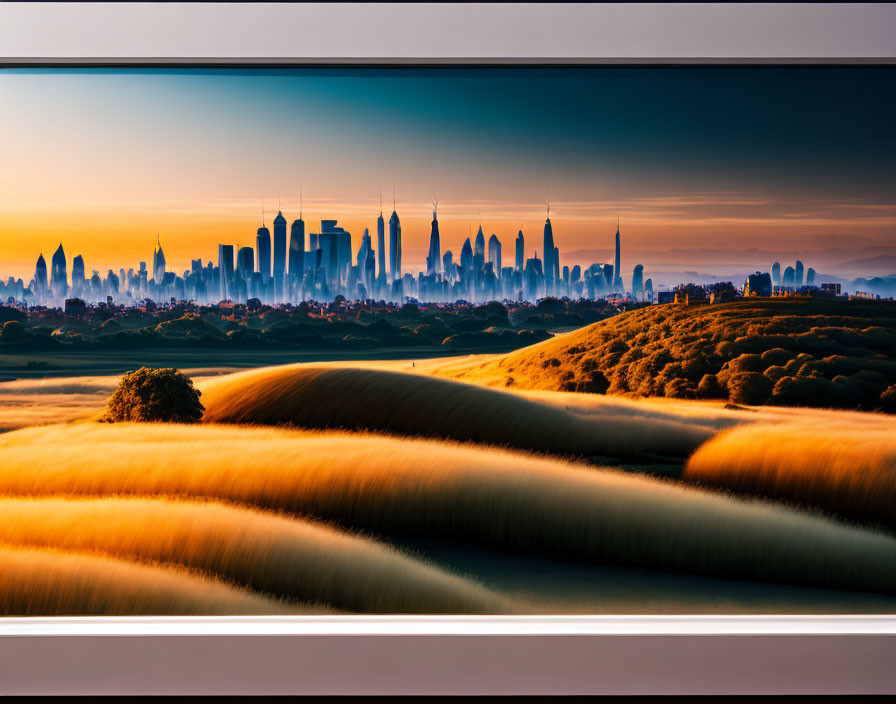 Sunset cityscape with golden fields and skyscraper silhouette