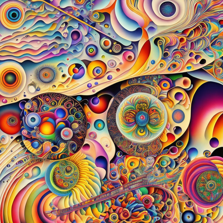 Colorful Psychedelic Artwork with Intricate Patterns and Abstract Shapes