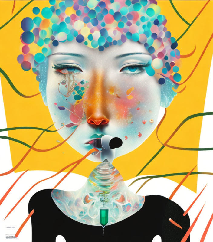 Colorful Abstract Woman's Face with Floating Bubbles and Patterns