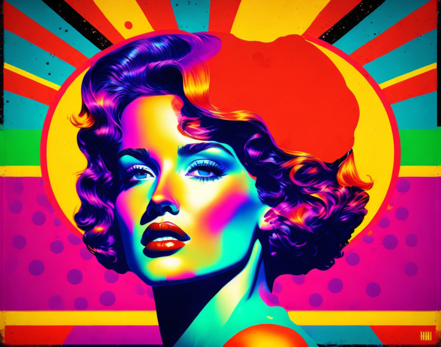 Colorful digital artwork: Woman with retro hairstyle in neon colors on sunburst and rainbow background.