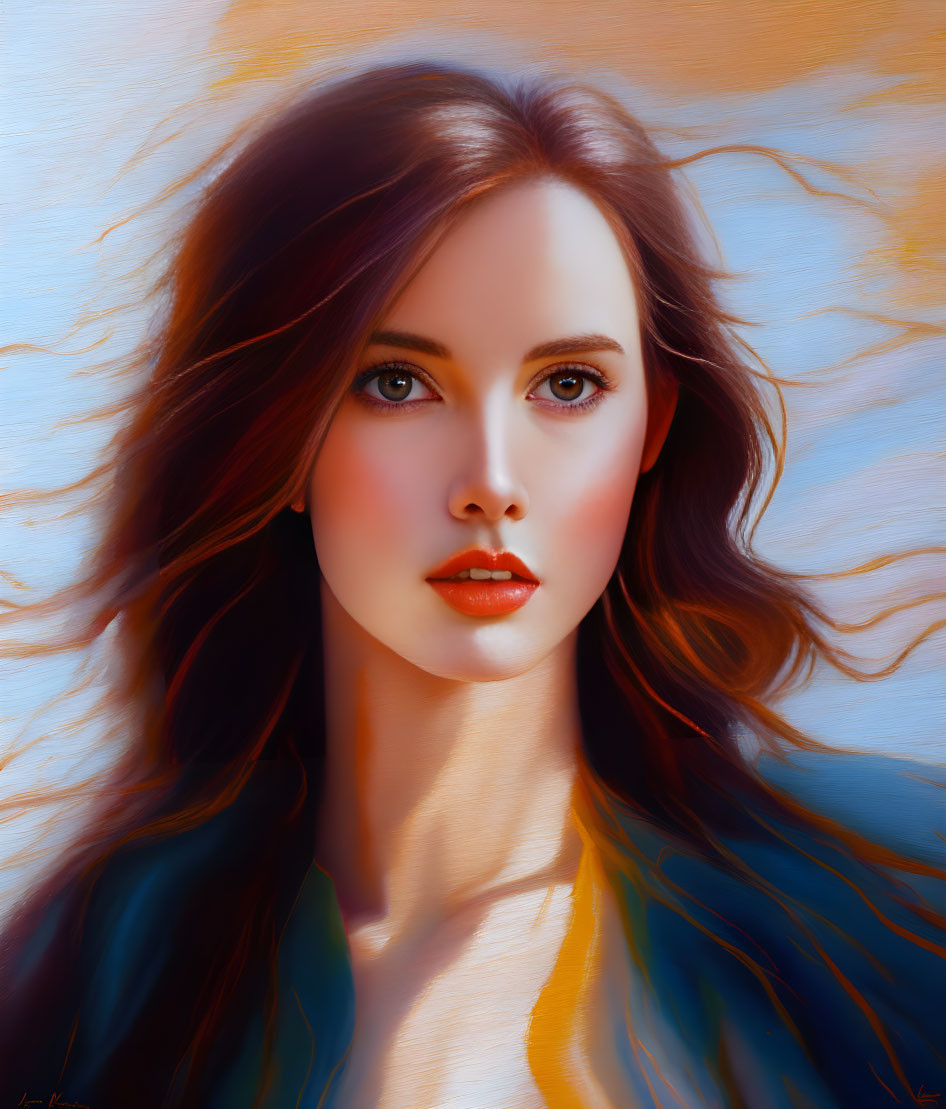 Digital art painting of woman with flowing hair on warm background