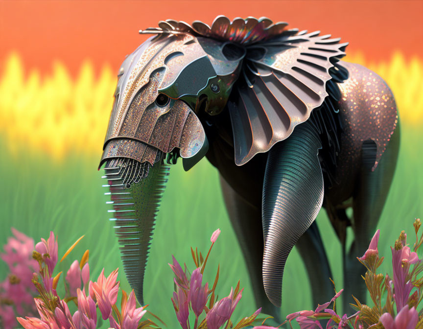 Metallic Elephant with Intricate Patterns Among Orange and Pink Flowers