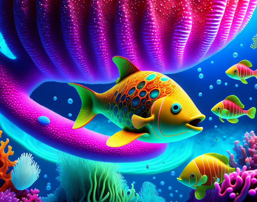 Colorful Underwater Digital Artwork Featuring Whimsical Fish & Coral