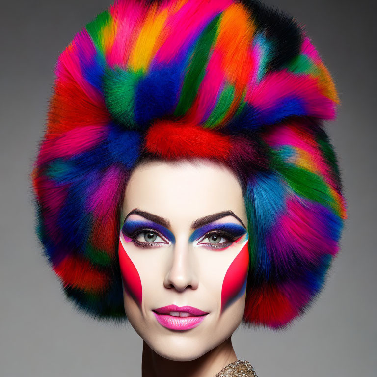 Vibrant rainbow-colored hair with bold, geometric makeup