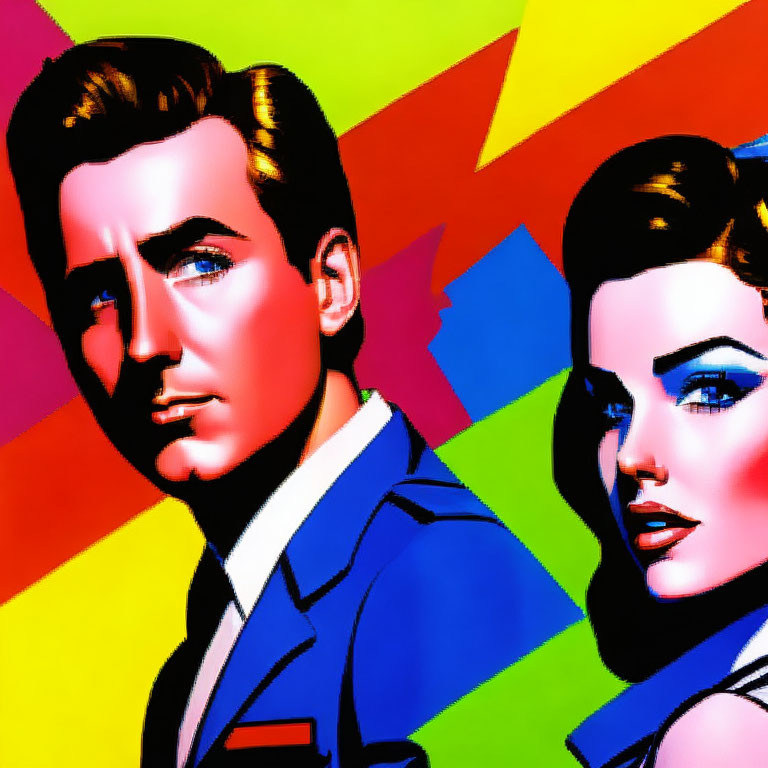 Illustrated man and woman with retro hairstyles on colorful abstract background