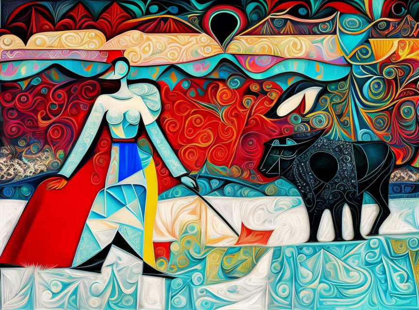 Colorful Digital Artwork: Abstract Woman in Red Cape with Geometric Black Dog