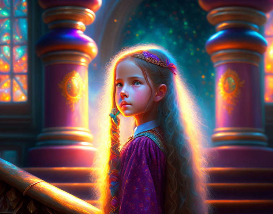 Braided young girl in colorful hallway with mystical symbols