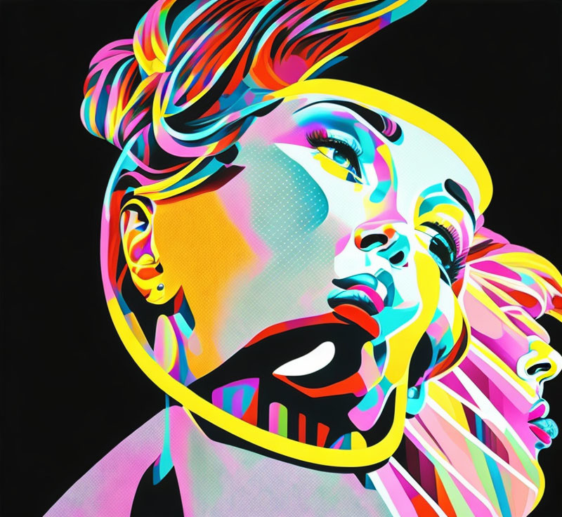 Vibrant digital artwork: Woman with colorful hair and abstract facial features on black background