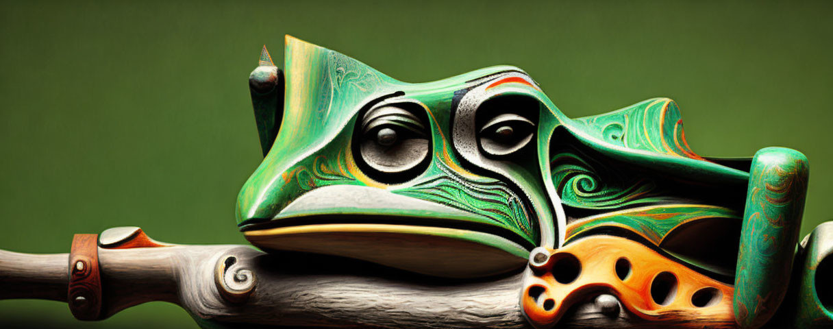 Vibrant wooden frog sculpture on branch against green backdrop