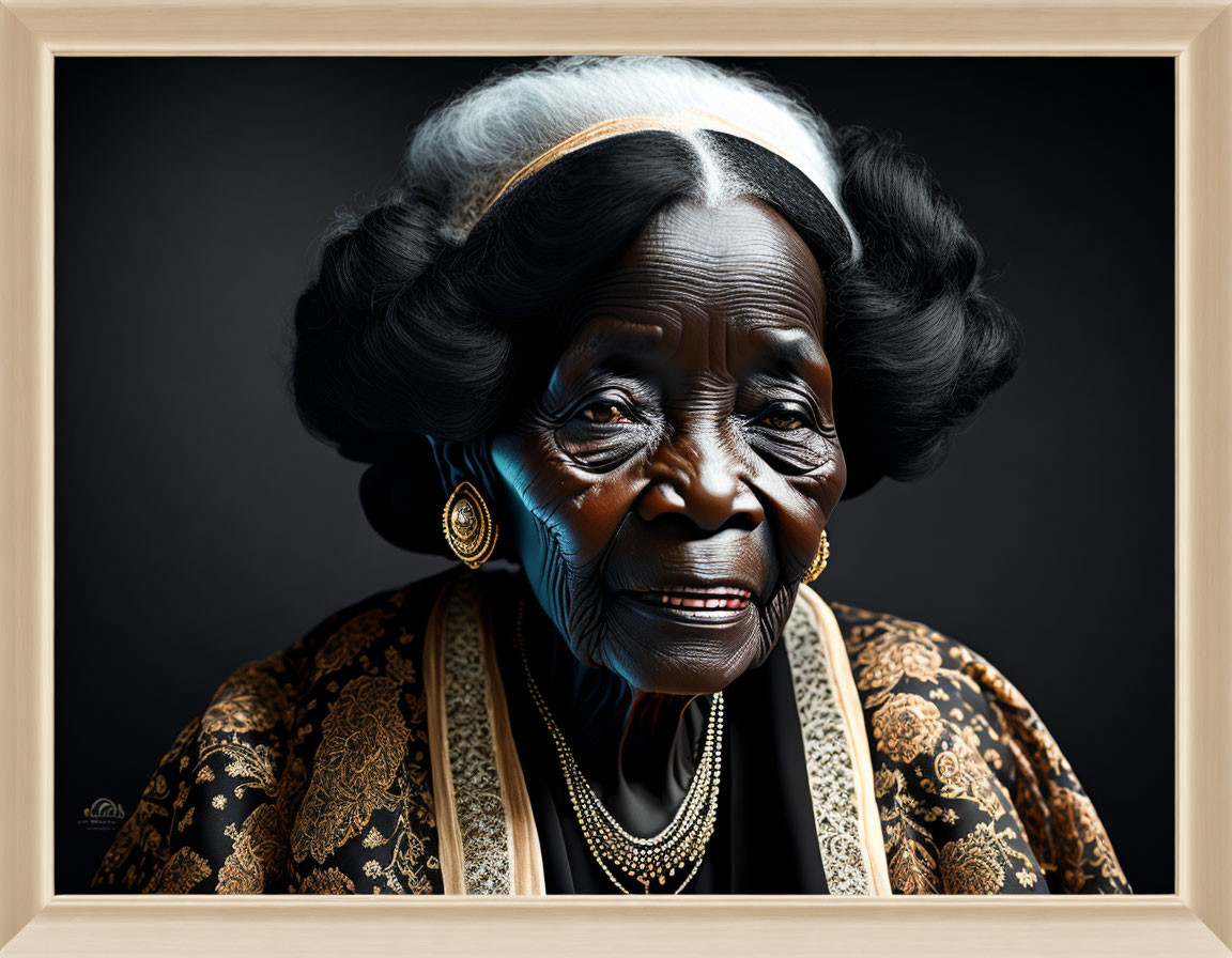 Portrait of Elderly Woman with Warm Gaze and Silver-Streaked Hair