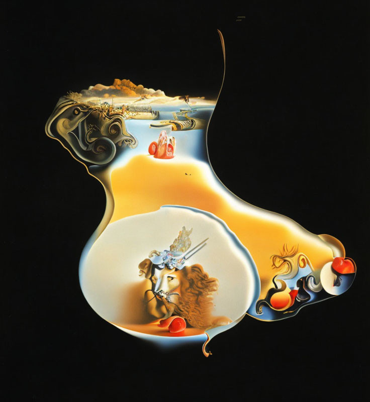 Surreal Hourglass Shape Painting with Lion, Apples, and Fantasy Elements