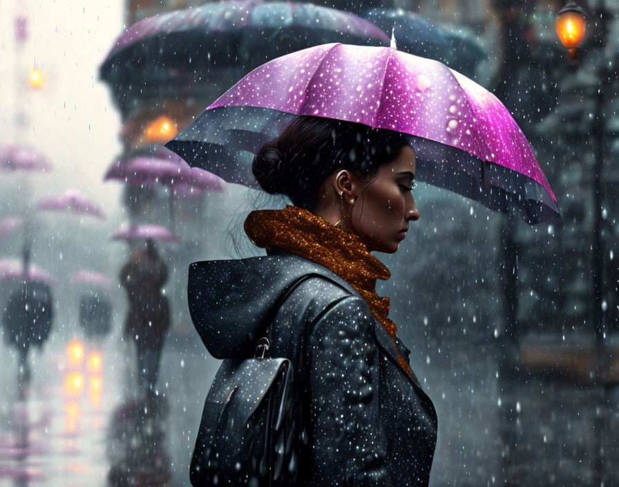 Woman with Purple Umbrella in Rain Under Soft Streetlights