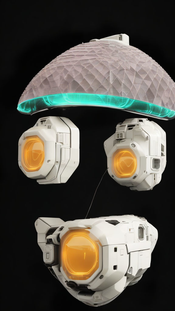 Segmented visor and glowing orange interface under illuminated structure