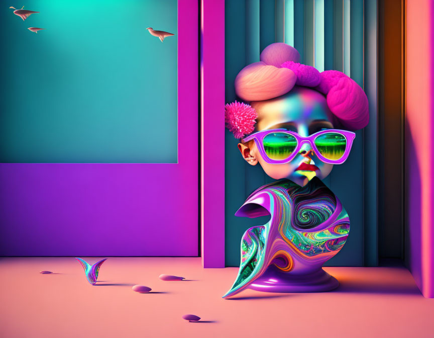 Colorful Digital Art: Stylized Character with Pink Hair and Green Sunglasses