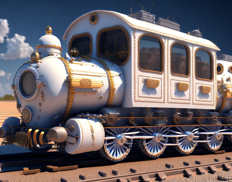 Digitally-rendered steampunk-style train with ornate white and gold details on tracks