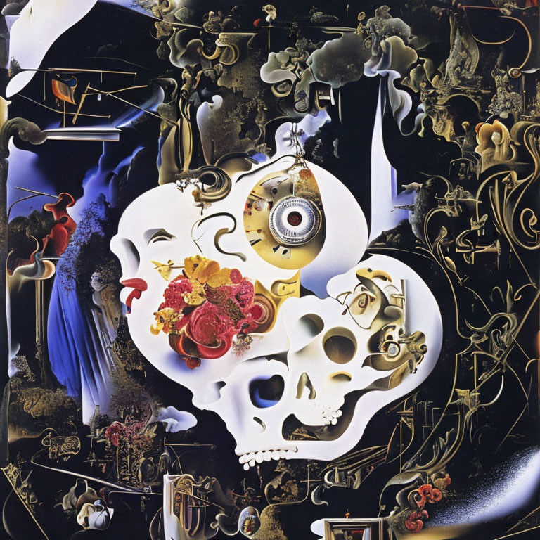 Colorful Surrealist Painting Featuring Skull and Abstract Elements