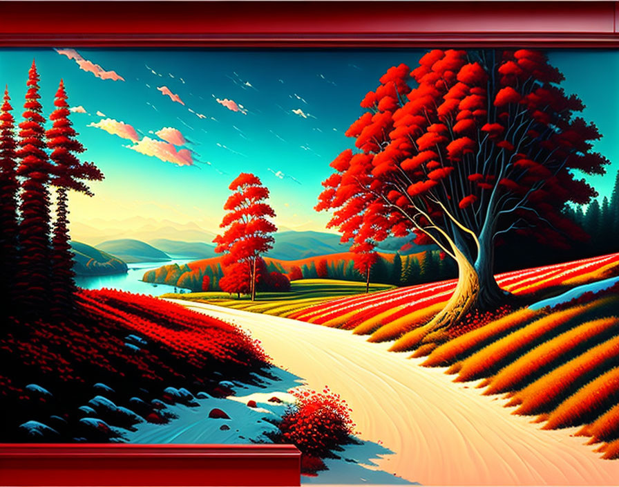 Colorful landscape with red-leafed trees, rolling hills, river, and mountains under a blue