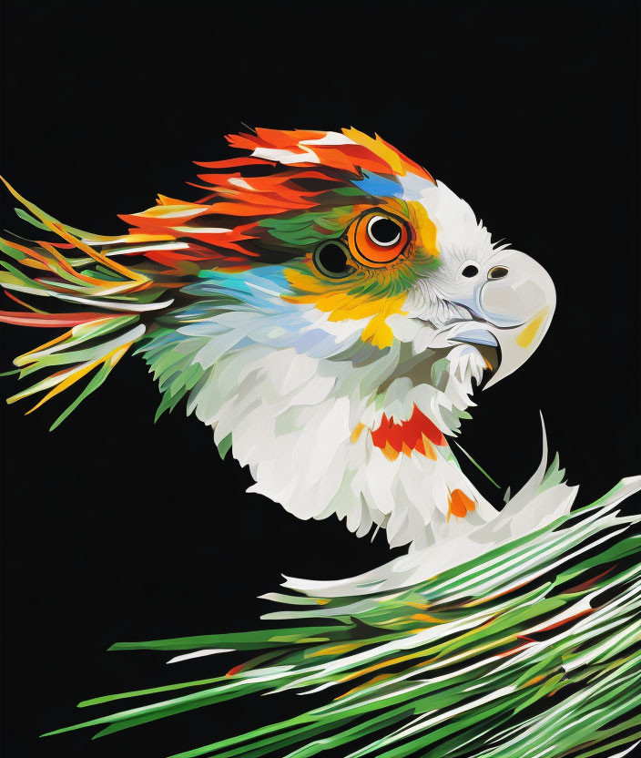 Vibrant Parrot Digital Art with Abstract Feathers on Black Background