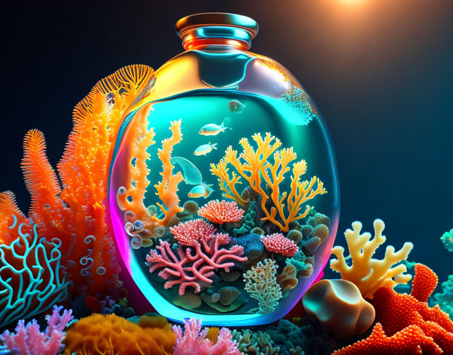 Colorful fishbowl digital art with coral and fish on blue background