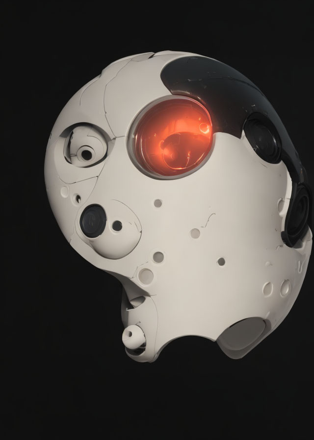 Futuristic white robotic head with red glowing eye on dark background