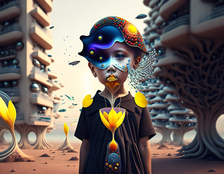 Colorful surreal portrait of child with cosmic headpiece in bizarre landscape