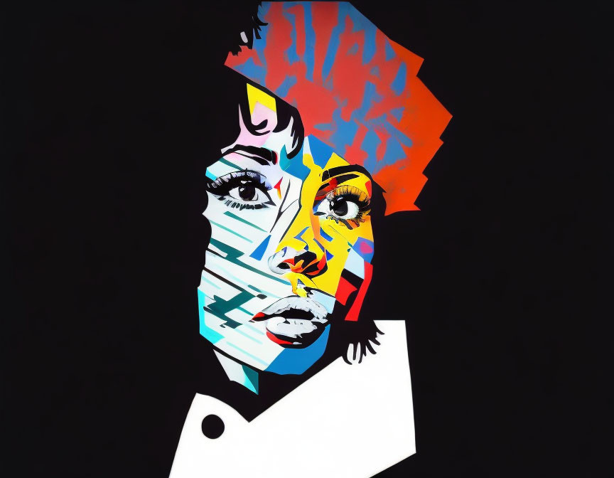 Vibrant pop art portrait with abstract patterns on black background