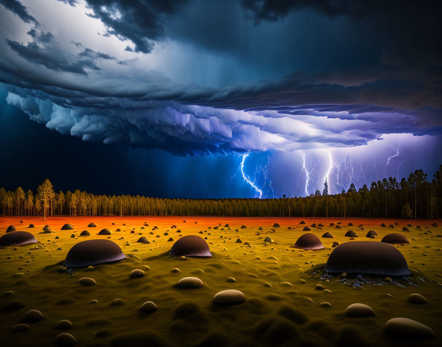 Dramatic thunderstorm with lightning strikes over dark forest and mysterious dome-shaped structures