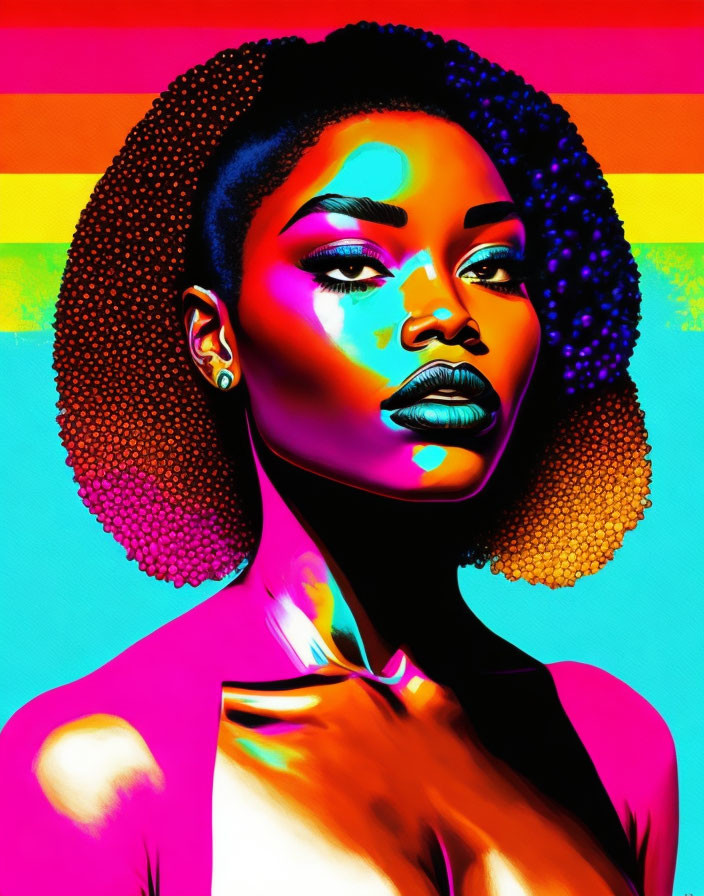 Vibrant portrait of woman with afro hair on multicolored background