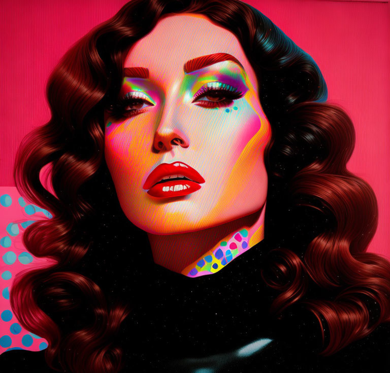 Colorful digital portrait of woman with wavy hair and bold makeup