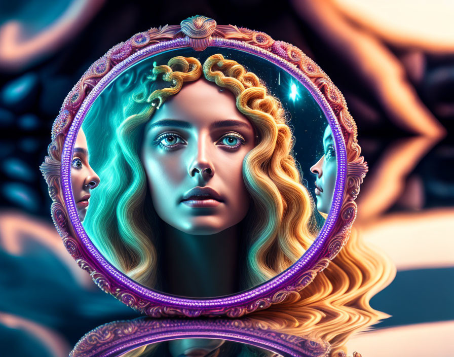 Surreal digital artwork of woman's face in ornate mirror