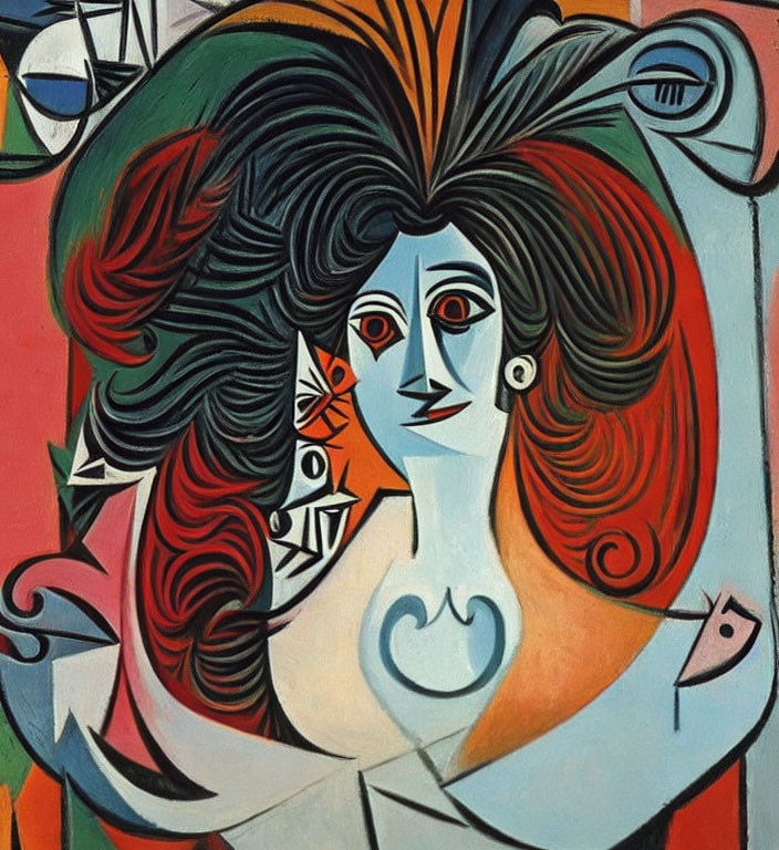 Colorful abstract portrait of woman with stylized hair and geometric shapes