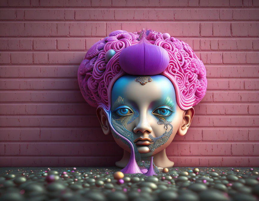 Vibrant surreal digital art of textured human head against brick wall