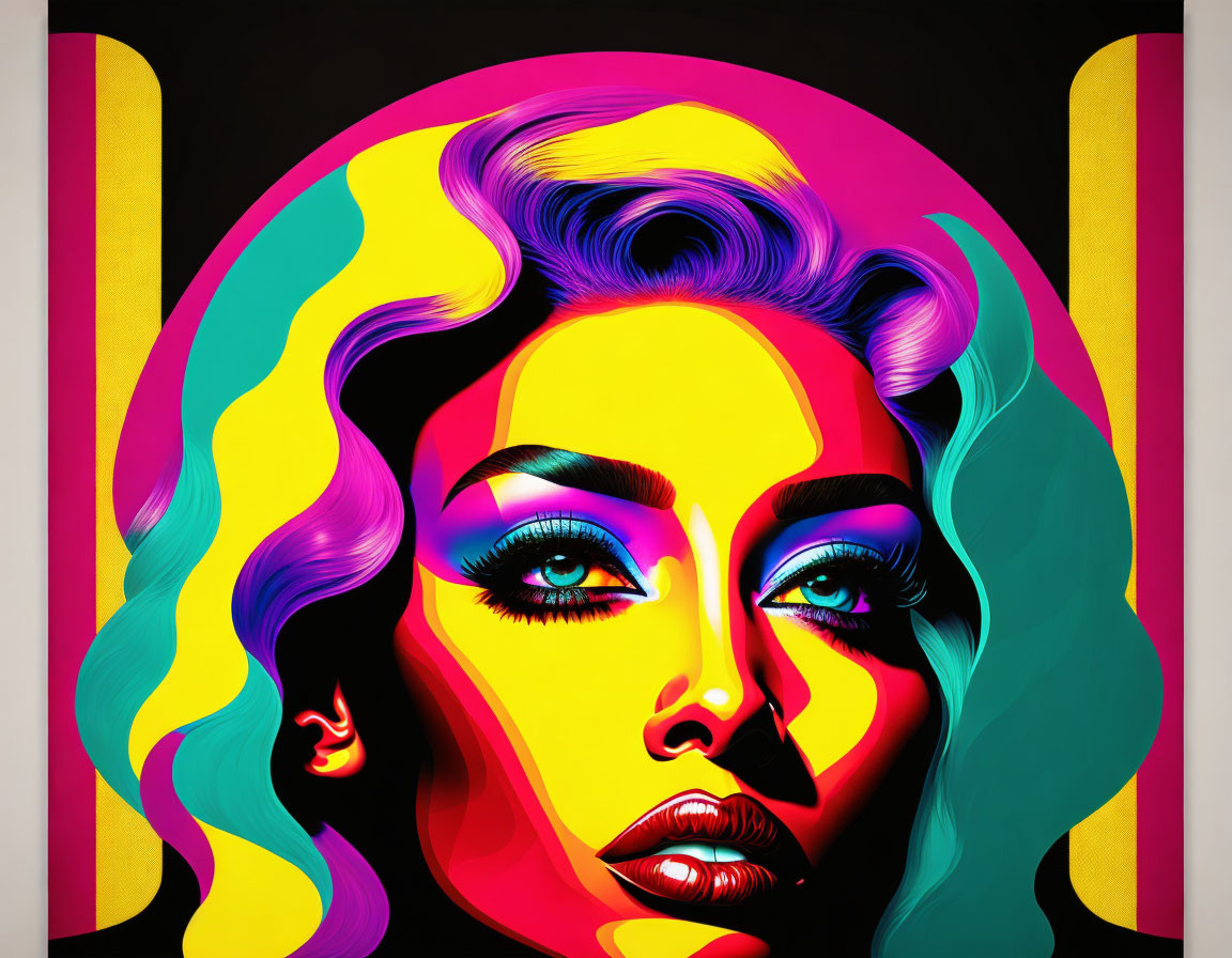 Colorful Pop Art Portrait of Woman with Flowing Hair