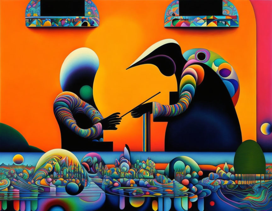 Colorful surreal painting: Abstract figures, elongated limbs, geometric shapes