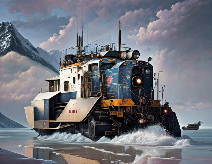 Futuristic train with plow by shore, mountains, and boat