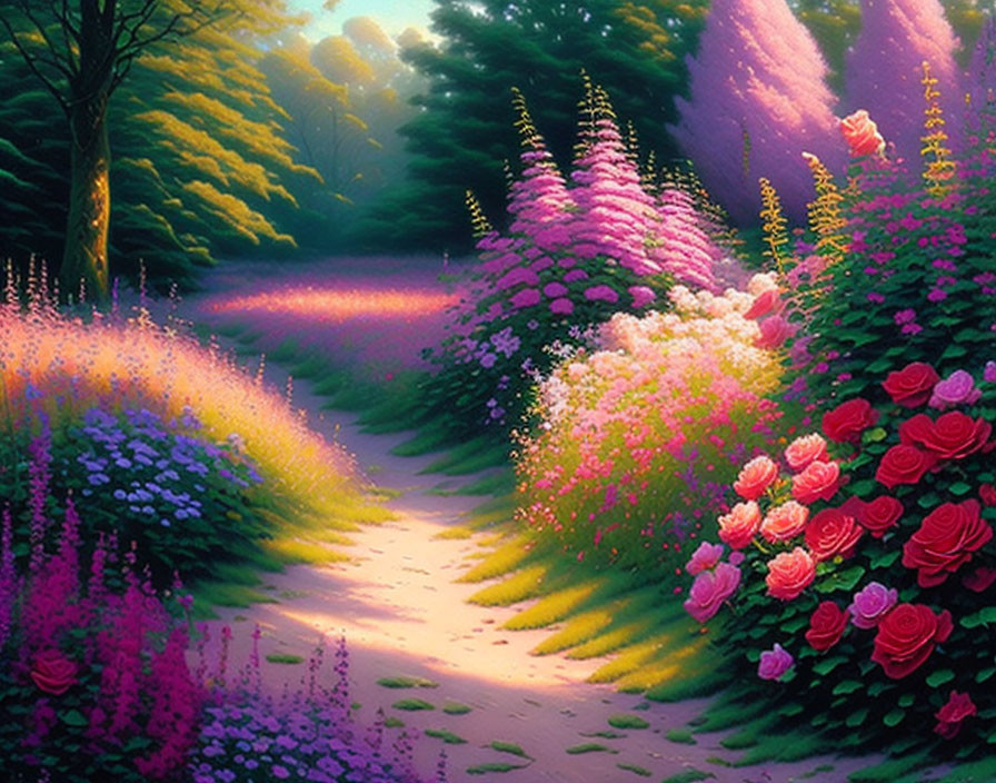 Lush Garden Path with Pink and Purple Blooms