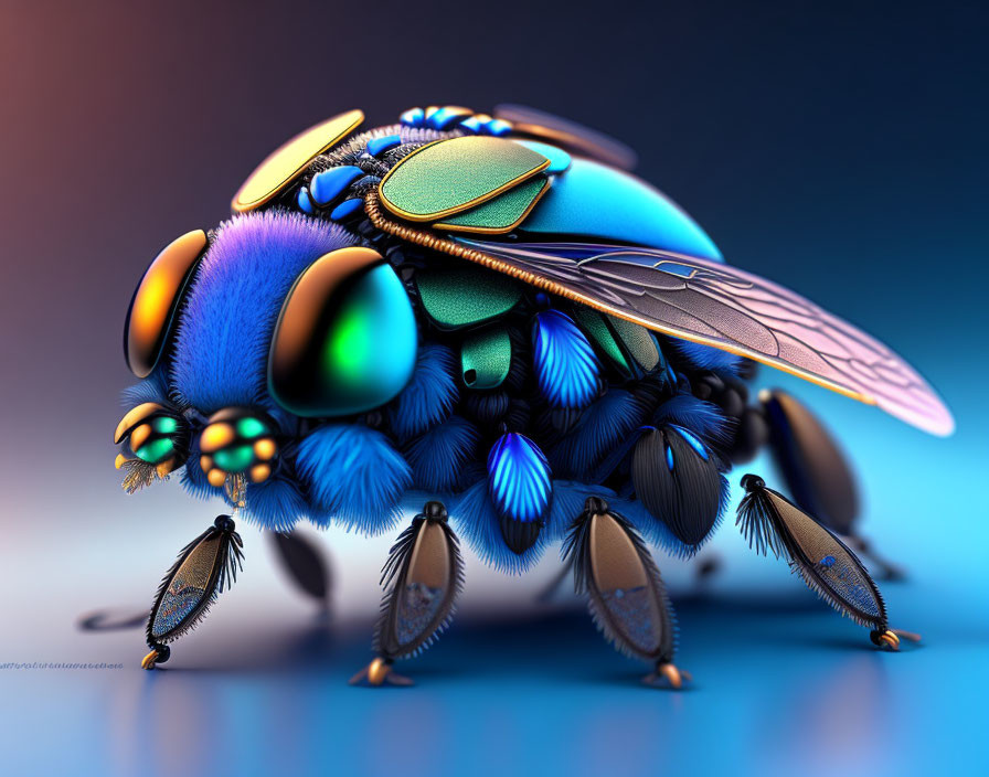 Colorful Stylized Bumblebee in Blue and Gold with Metallic Textures