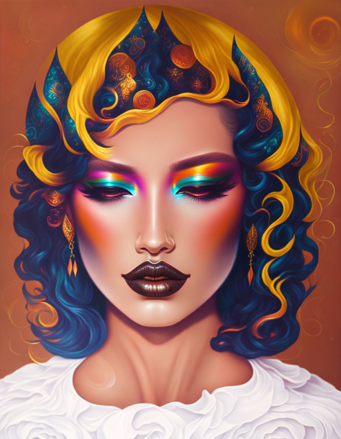 Vibrant digital portrait of woman with blue hair and fiery elements